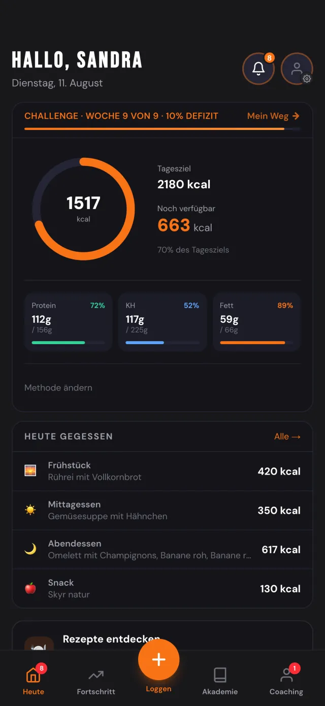 FBC App: Heute-Ansicht mit Tagesziel, Kalorien, Makros und geloggten Mahlzeiten